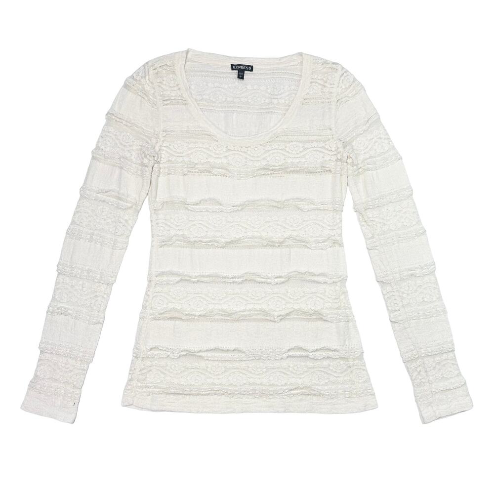 Y2K Express Cream White Lace Long Sleeve Shirt Size Small